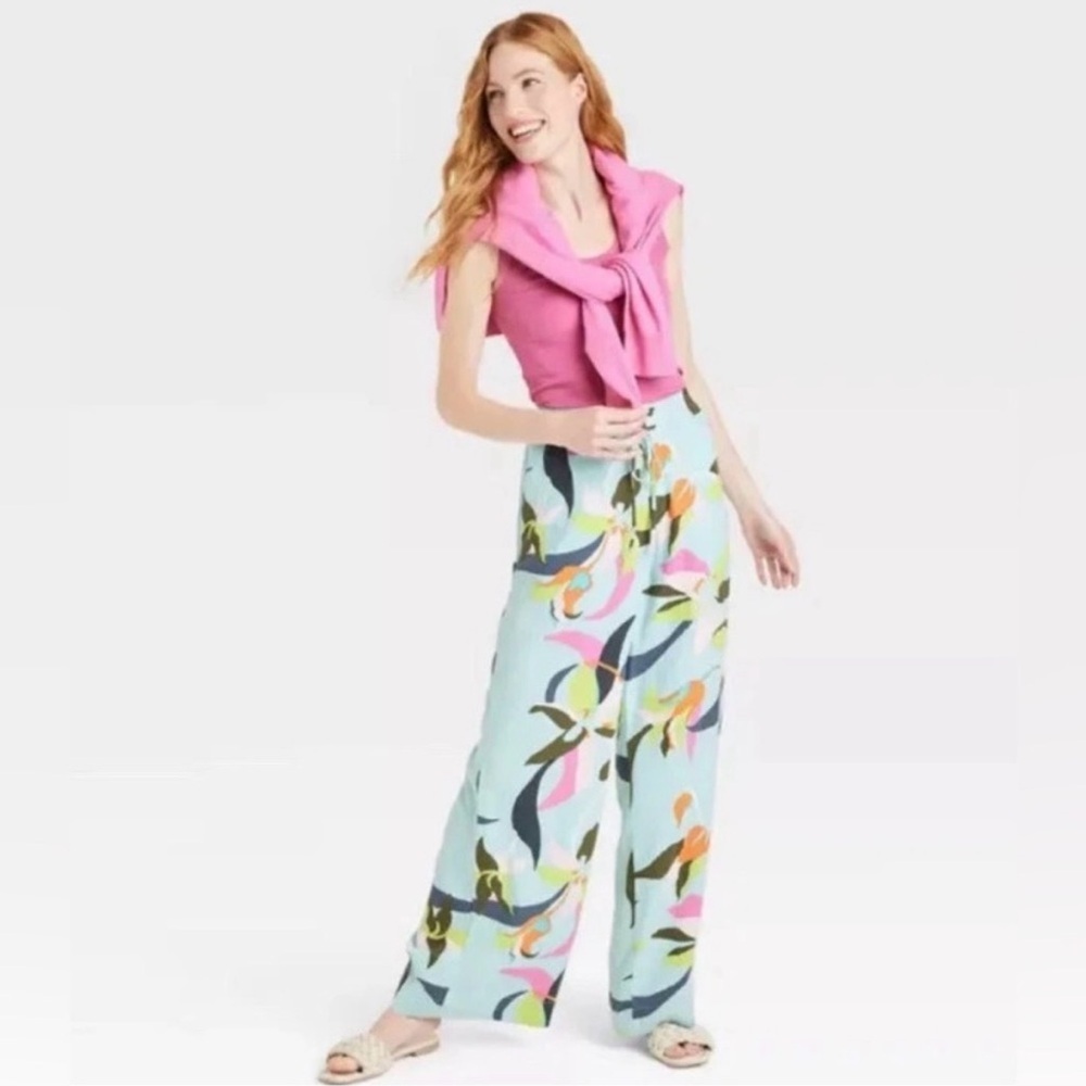 A New Day blue floral linen blend elastic high waist wide leg pants size medium